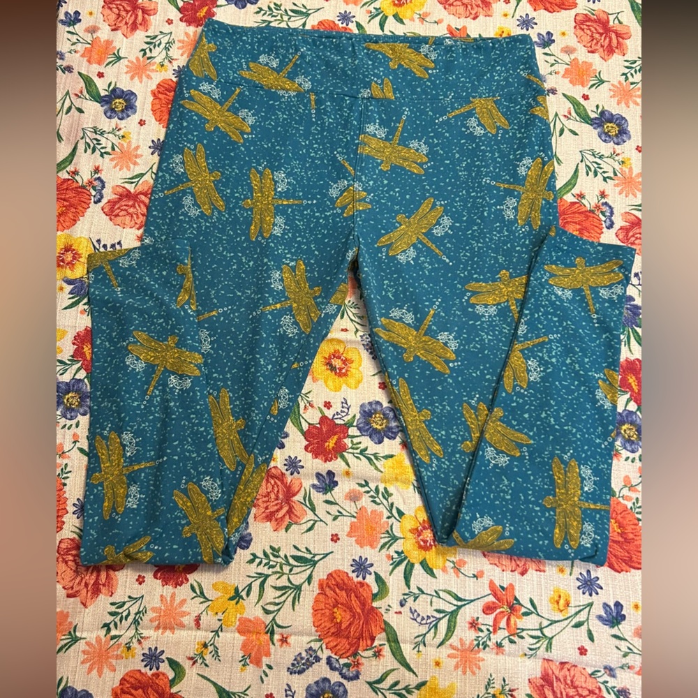 Vintage LuLaRoe Teal Leggings with Yellow Dragonfly Design
